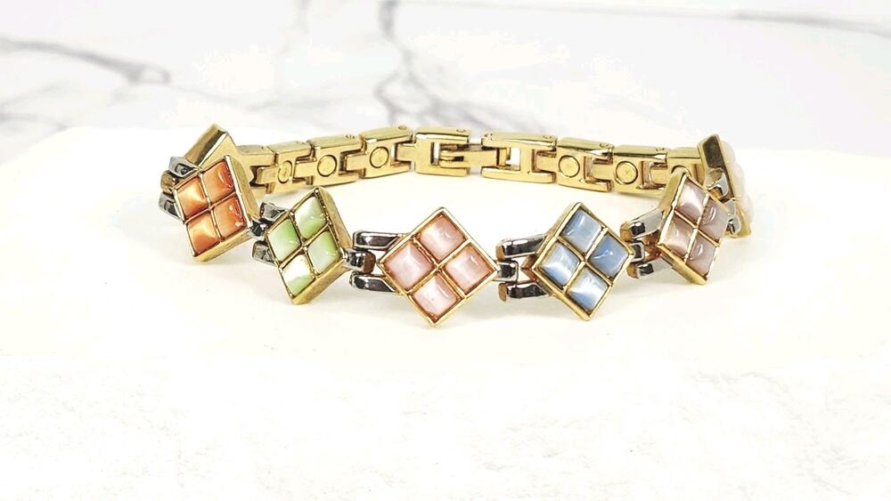 Vintage Retro Pastel Mosaic Cat's Eye Diamond Panel Link Bracelet 7.5"
